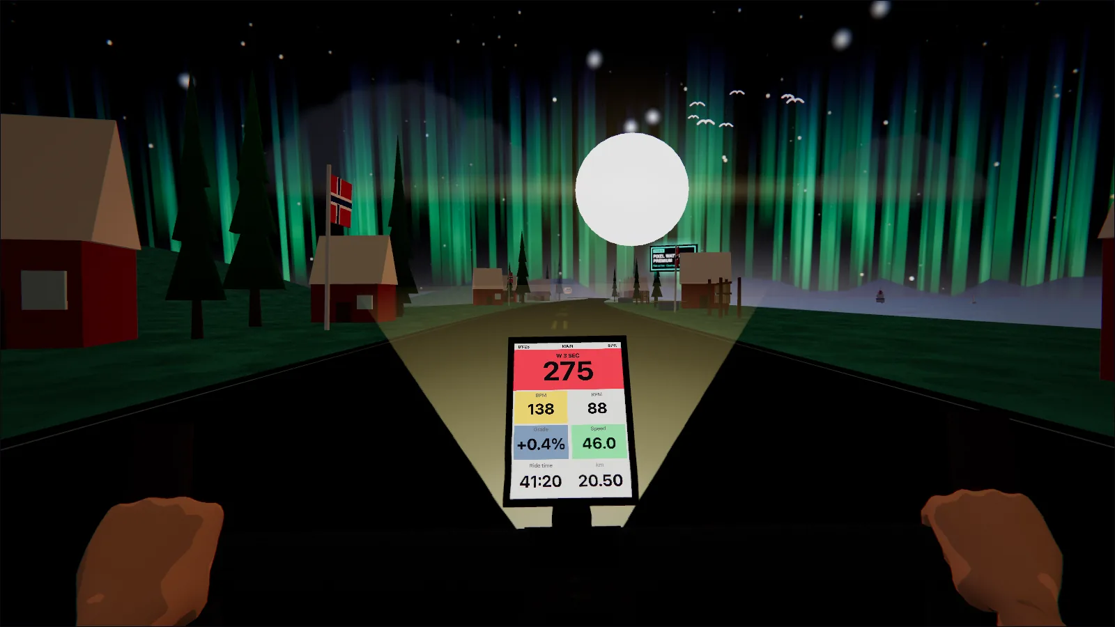 In-game: night ride through a Norwegian fjord, green aurora curtains over red cabins, the bar computer showing live watts.
